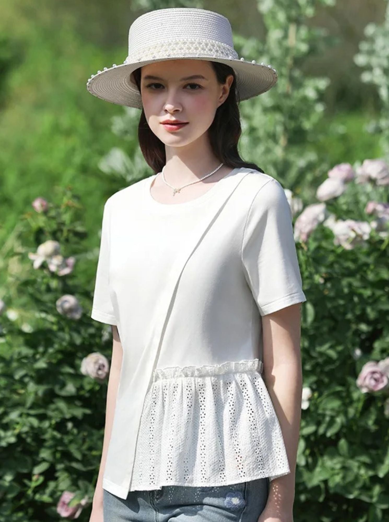 Pleated T-Shirt with Eyelet Details - Image 1