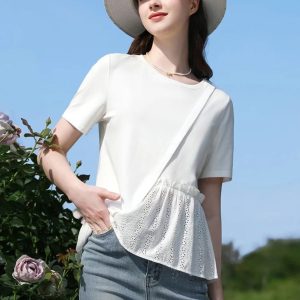 Pleated T-Shirt with Eyelet Details - Image 2