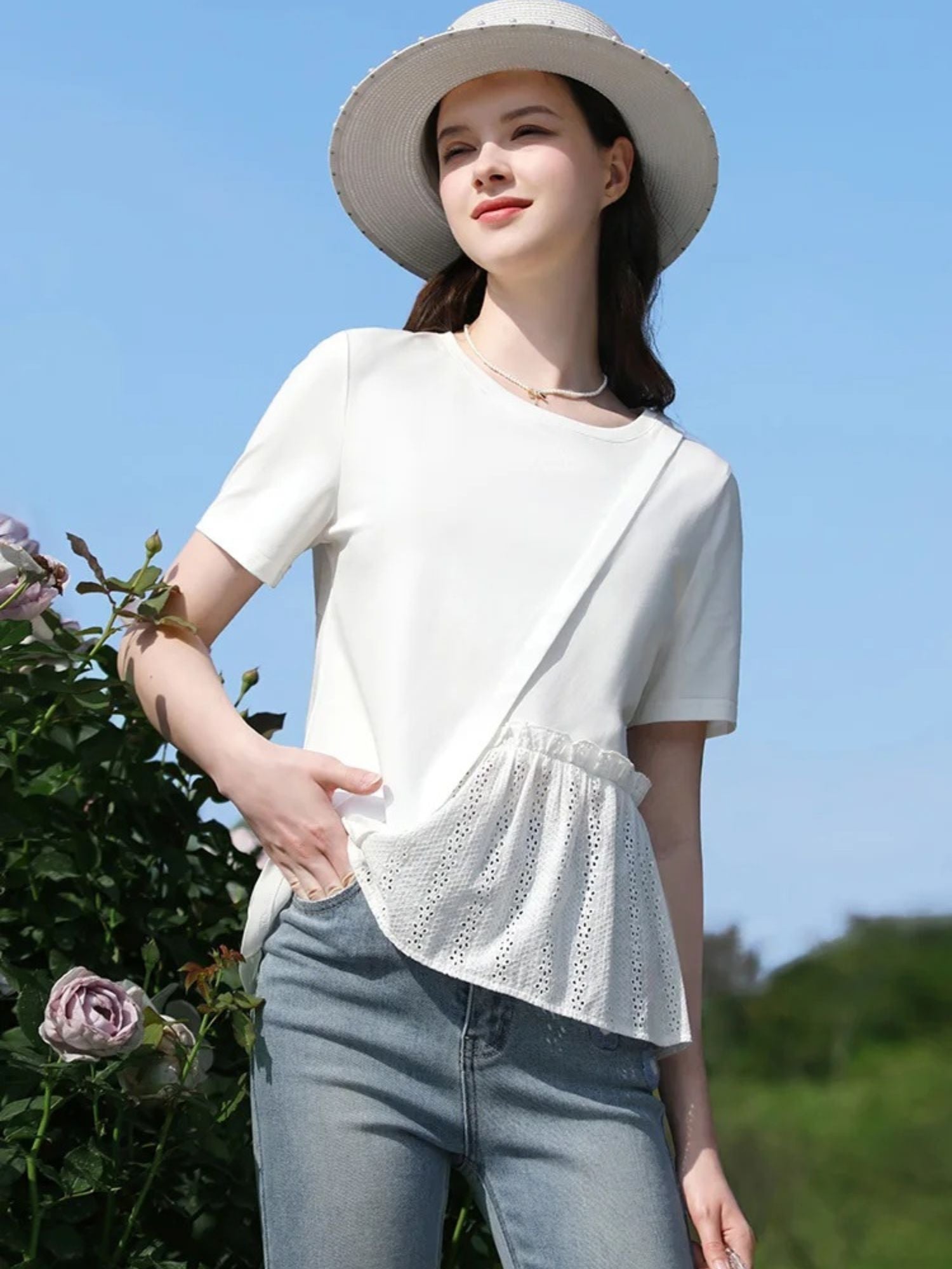 Pleated T-Shirt with Eyelet Details - Image 2