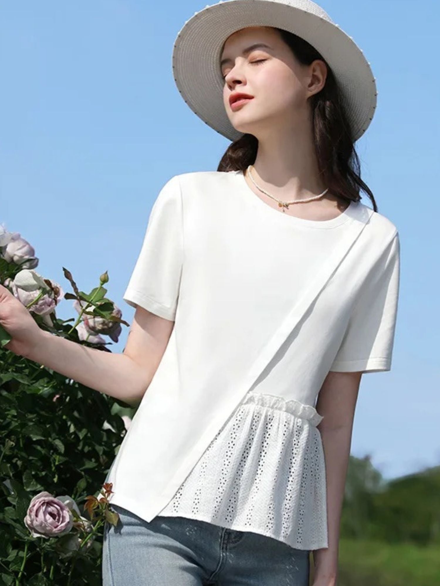 Pleated T-Shirt with Eyelet Details - Image 3