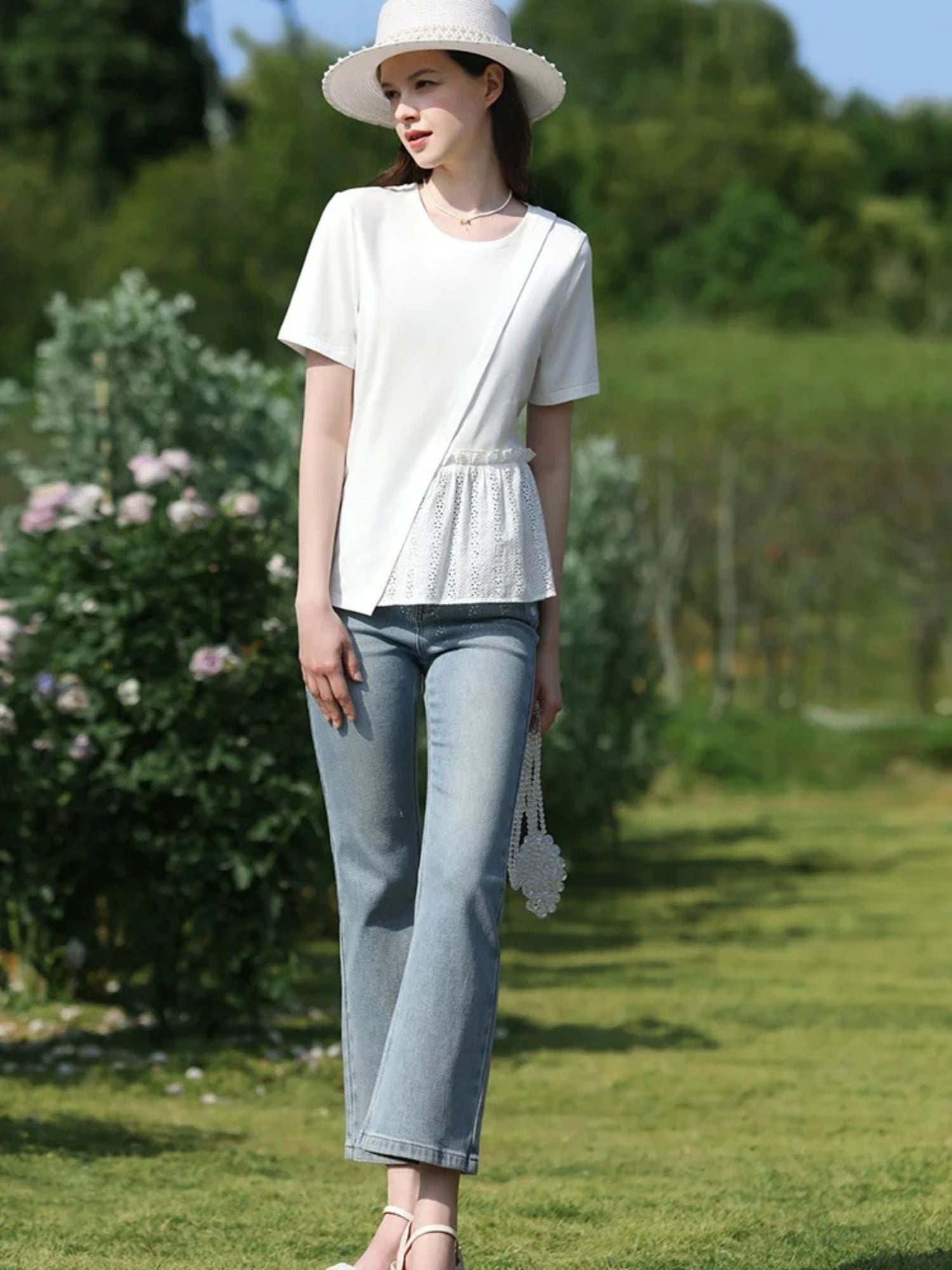Pleated T-Shirt with Eyelet Details - Image 4