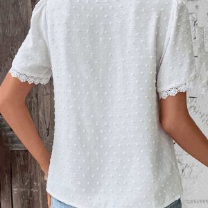 Bohemian Lace Trim Blouse with Swiss Dot Texture and V-Neckline - Image 2