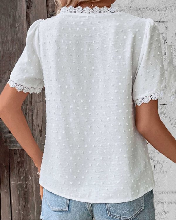 Bohemian Lace Trim Blouse with Swiss Dot Texture and V-Neckline