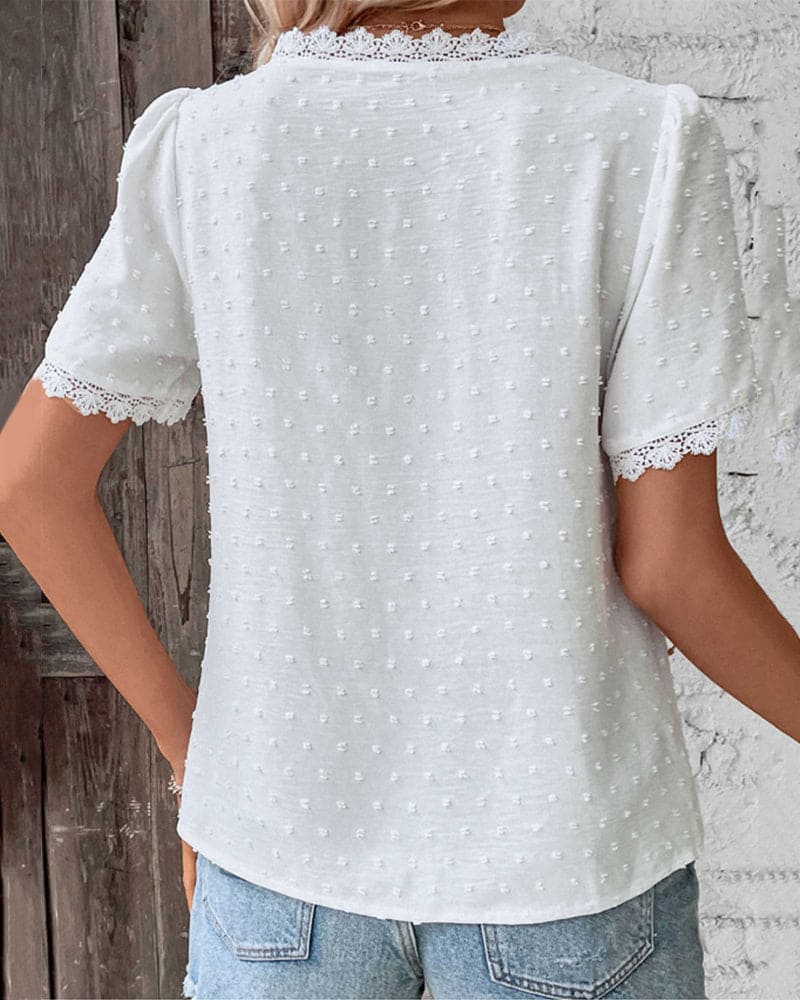 Bohemian Lace Trim Blouse with Swiss Dot Texture and V-Neckline - Image 2