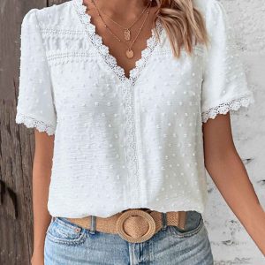 Bohemian Lace Trim Blouse with Swiss Dot Texture and V-Neckline - Image 3