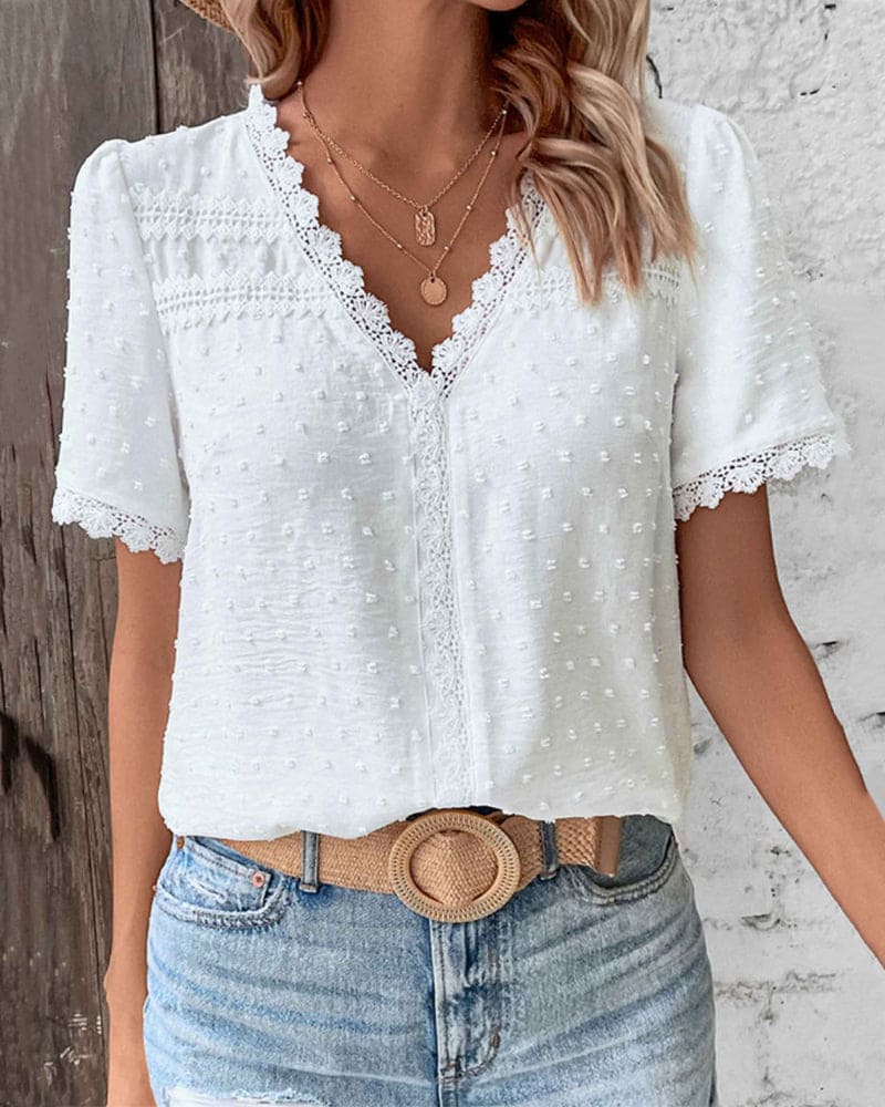 Bohemian Lace Trim Blouse with Swiss Dot Texture and V-Neckline - Image 3