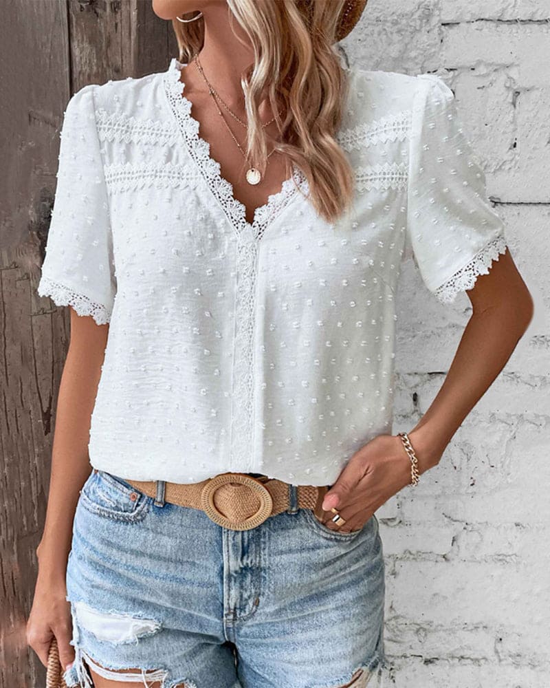 Bohemian Lace Trim Blouse with Swiss Dot Texture and V-Neckline - Image 1