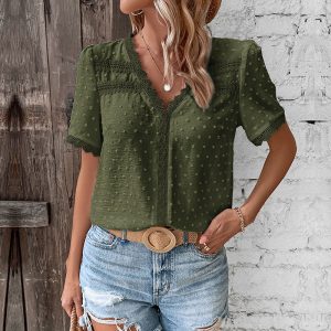 Bohemian Lace Trim Blouse with Swiss Dot Texture and V-Neckline - Image 5