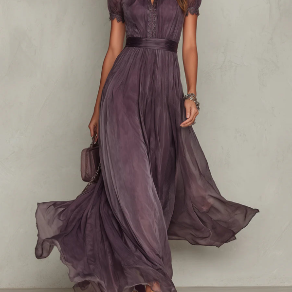 Celeste | Elegant Lace Trim Chiffon Maxi Dress