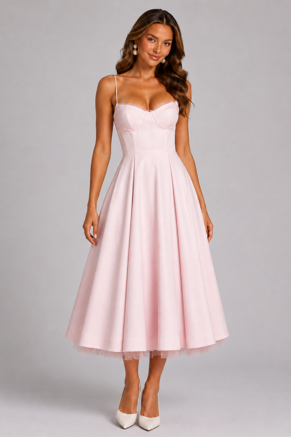 Seraphina | Corset Spaghetti Strap Midi Wedding Guest Dress