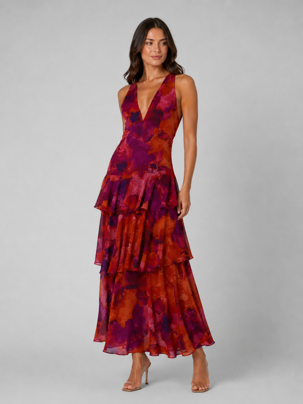 Women's Tiered Ruffle V-Neck Maxi Dress ?C Flowing Silhouette
