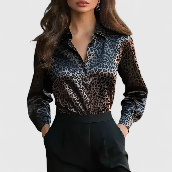 Seraphina | Sophisticated Animal Print Collared Blouse - Image 2
