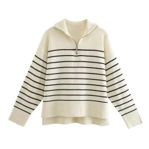 Lucia Striped Half-Zip Knit Sweater