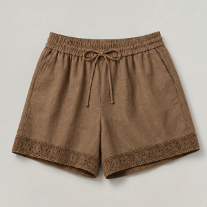 Women's Linen Lace Trim Drawstring Elastic Waist Shorts - Image 5