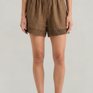 Women's Linen Lace Trim Drawstring Elastic Waist Shorts