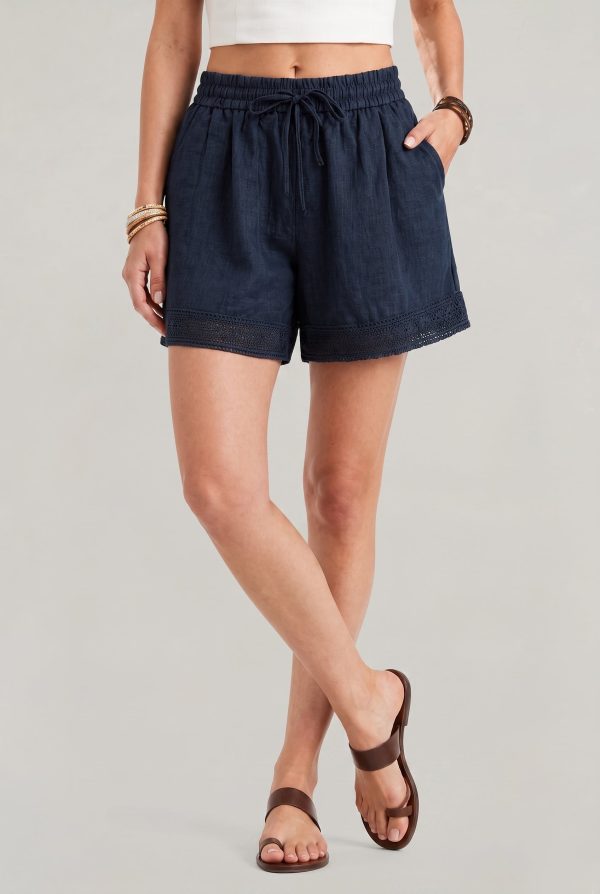 Women's Linen Lace Trim Drawstring Elastic Waist Shorts