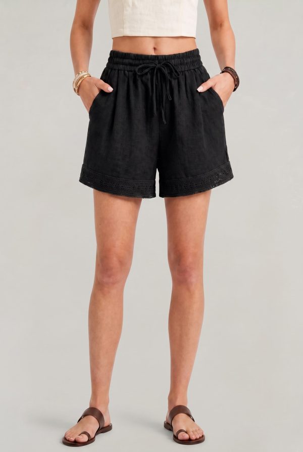 Women's Linen Lace Trim Drawstring Elastic Waist Shorts