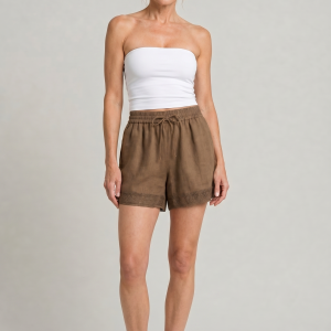 Women's Linen Lace Trim Drawstring Elastic Waist Shorts - Image 4