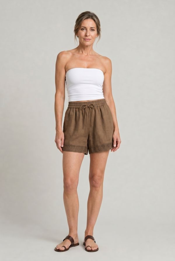 Women's Linen Lace Trim Drawstring Elastic Waist Shorts