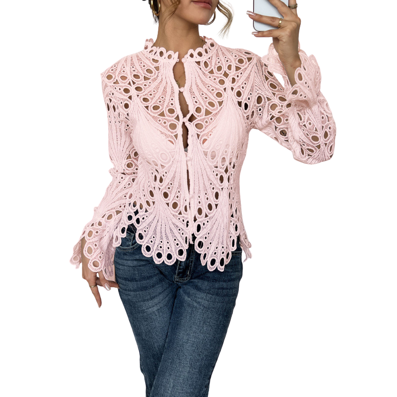 Ella | Lace Cutwork Tie-Front Blouse - Image 4