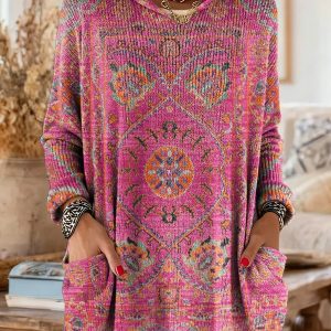 Mira | Cozy Hooded Women's Tunic with Retro Ethnic Print - Image 2