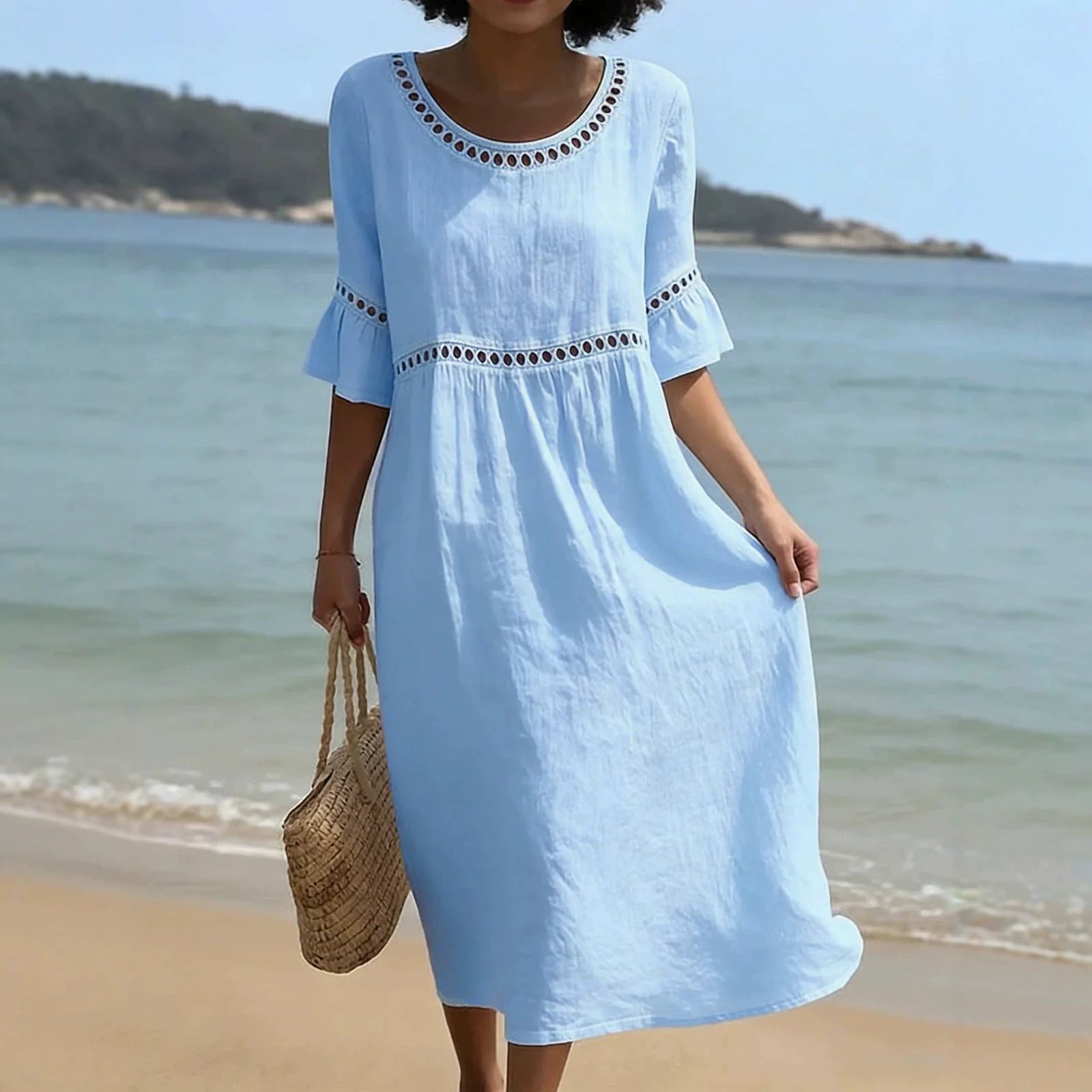 Relaxed Linen Summer Midi Dress with Hollow Out Detail and Flared Sleeves - Image 2