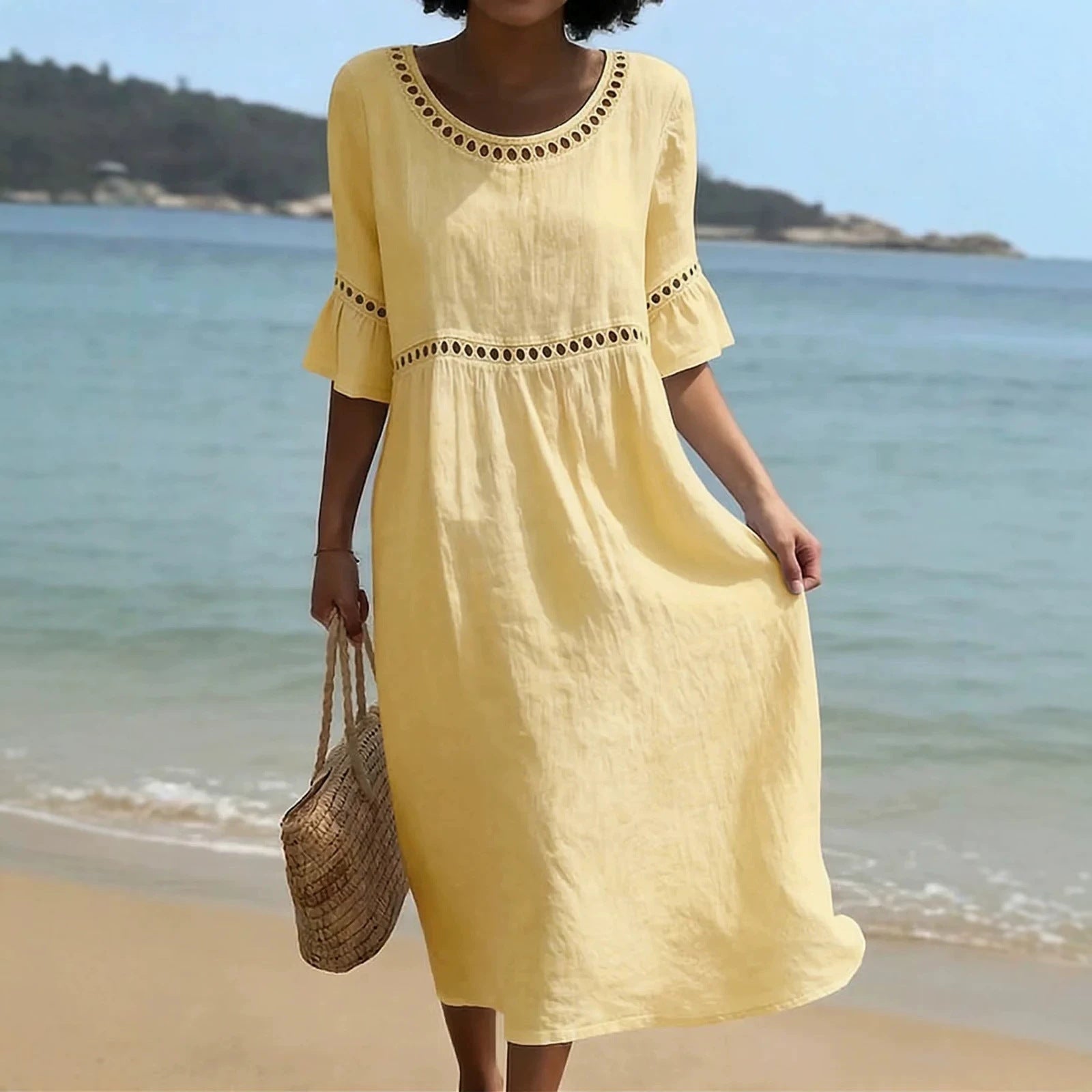Relaxed Linen Summer Midi Dress with Hollow Out Detail and Flared Sleeves - Image 3