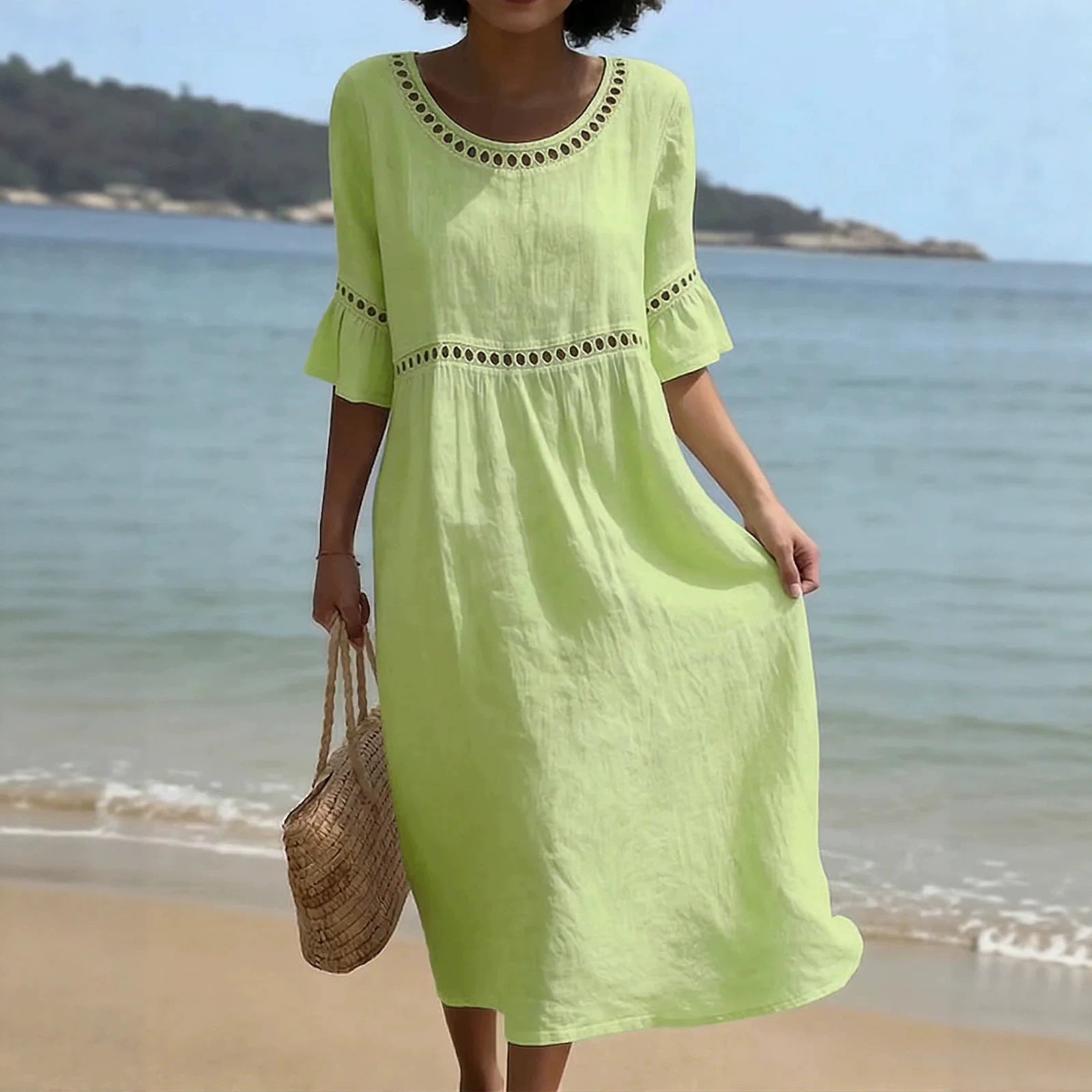 Relaxed Linen Summer Midi Dress with Hollow Out Detail and Flared Sleeves - Image 4