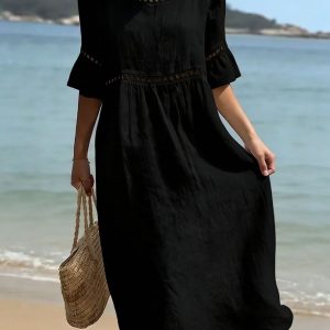 Relaxed Linen Summer Midi Dress with Hollow Out Detail and Flared Sleeves - Image 5