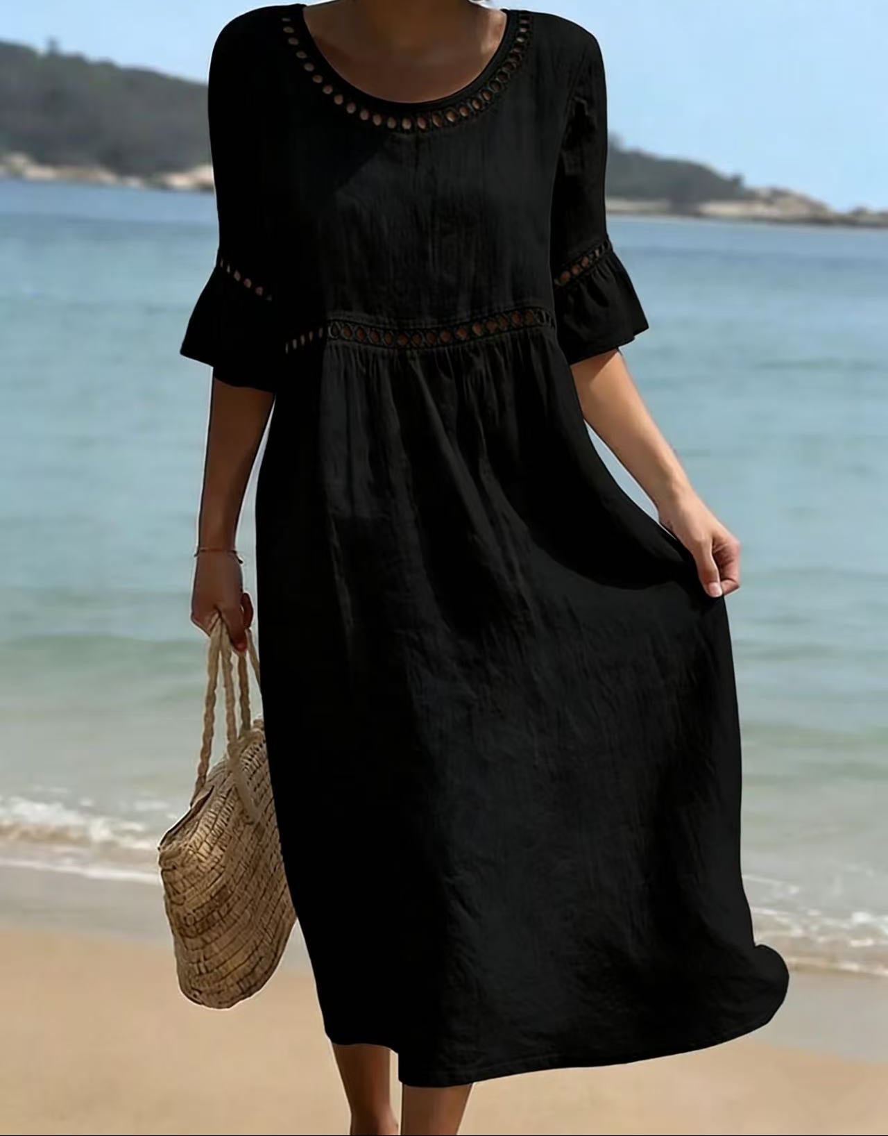 Relaxed Linen Summer Midi Dress with Hollow Out Detail and Flared Sleeves - Image 5