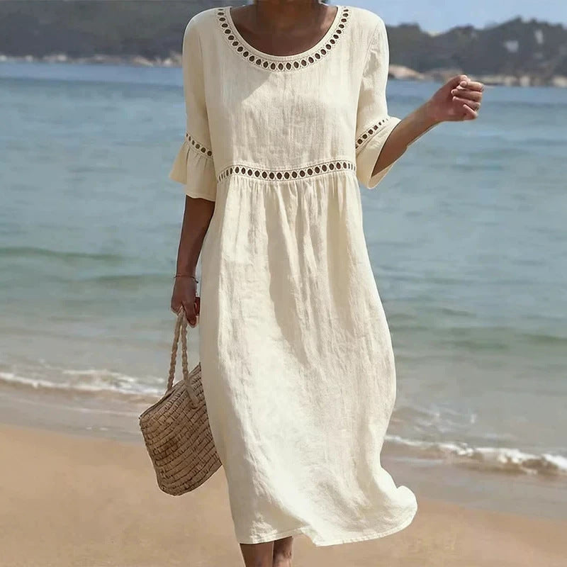 Relaxed Linen Summer Midi Dress with Hollow Out Detail and Flared Sleeves - Image 1