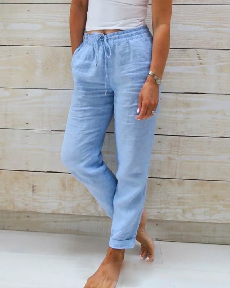Relaxed Linen Trousers with Drawstring Waist and Straight Leg - Image 1