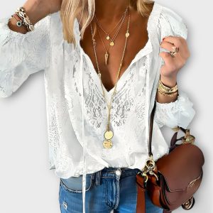 Ashley | Lightweight V-Neck Long Sleeve Lace Blouse