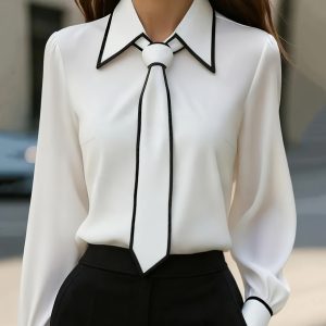 Olivia | Elegant Tie Neck Contrast Collar Blouse