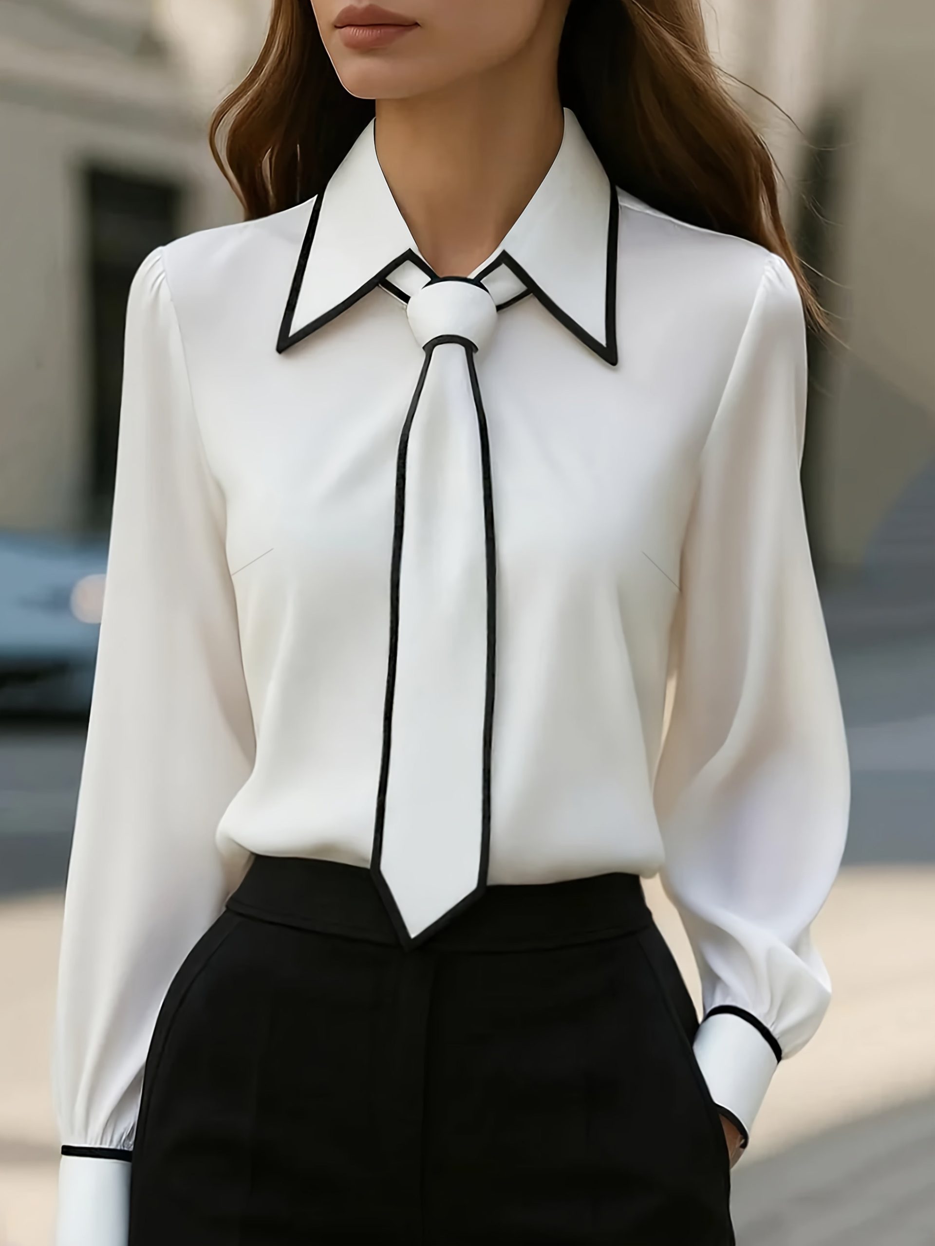 Olivia | Elegant Tie Neck Contrast Collar Blouse - Image 1