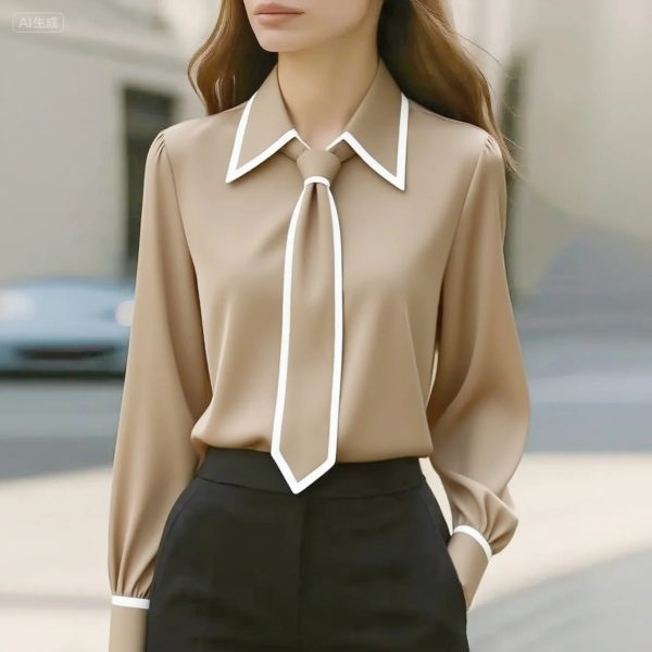 Olivia | Elegant Tie Neck Contrast Collar Blouse