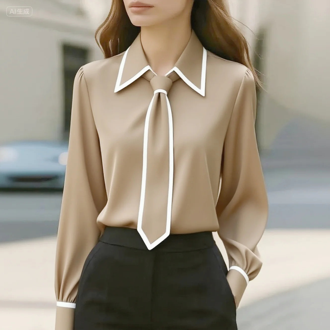 Olivia | Elegant Tie Neck Contrast Collar Blouse - Image 2