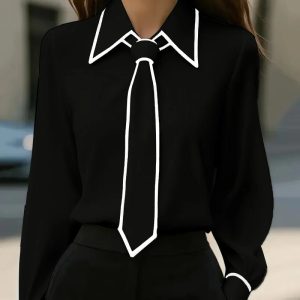 Olivia | Elegant Tie Neck Contrast Collar Blouse - Image 3