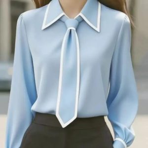 Olivia | Elegant Tie Neck Contrast Collar Blouse - Image 4