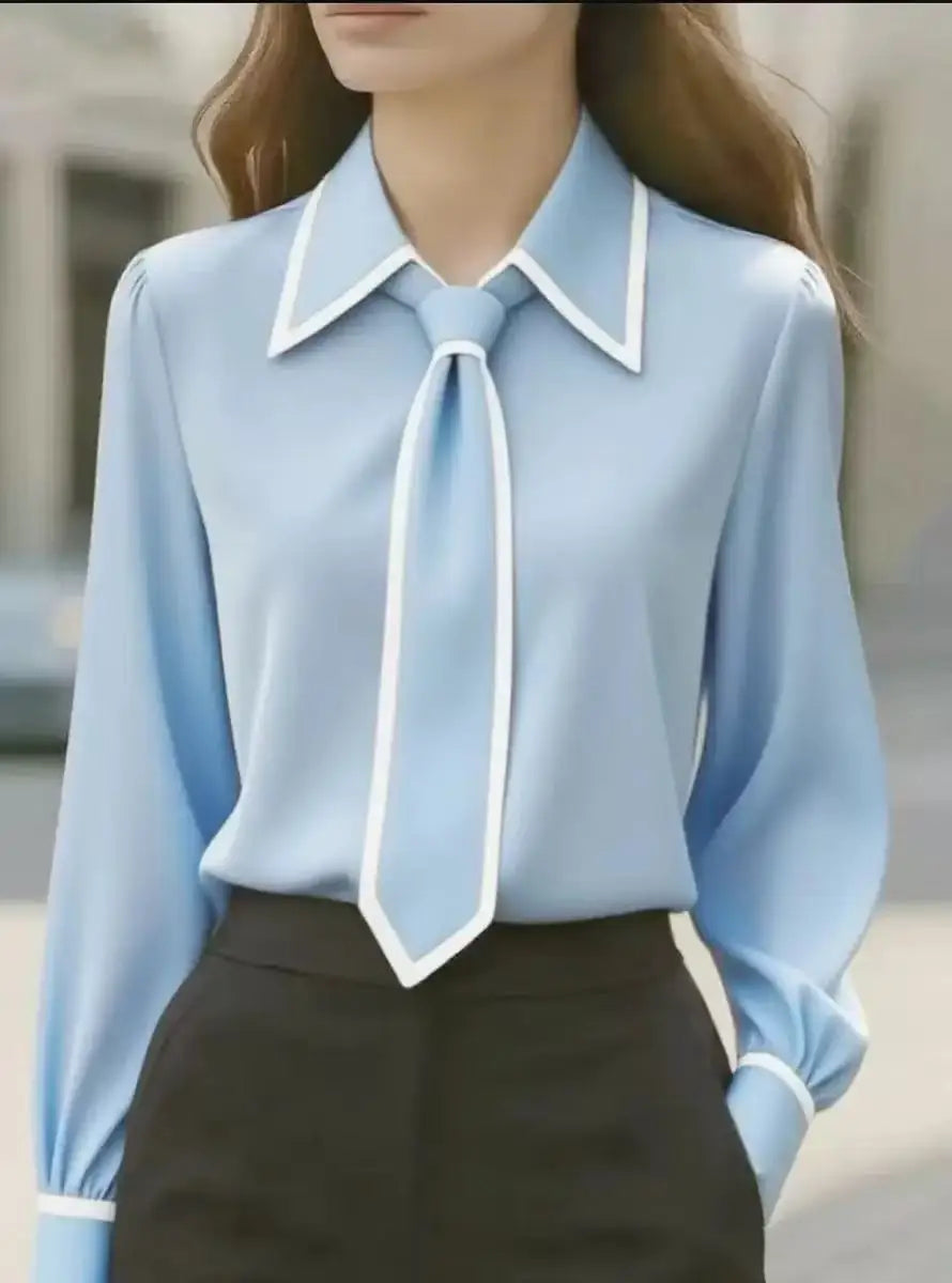 Olivia | Elegant Tie Neck Contrast Collar Blouse - Image 4