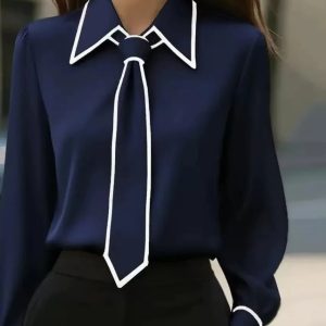 Olivia | Elegant Tie Neck Contrast Collar Blouse - Image 5
