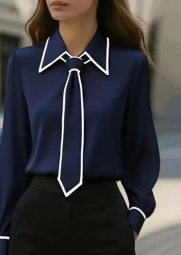 Olivia | Elegant Tie Neck Contrast Collar Blouse