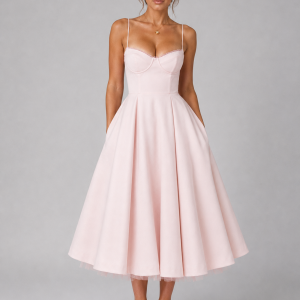 Women's Corset Midi Dress with Full Skirt ?C Elegant Occasion Style