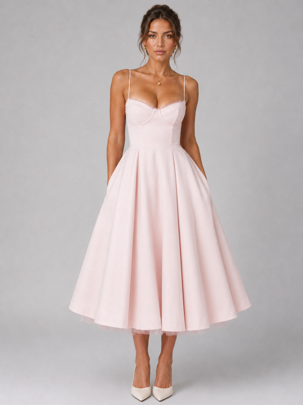 Women's Corset Midi Dress with Full Skirt ?C Elegant Occasion Style