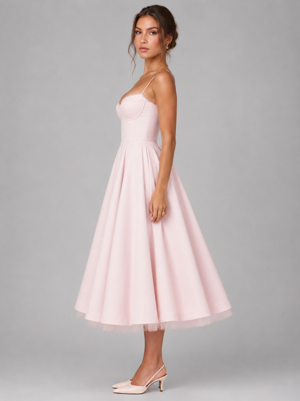 Women's Corset Midi Dress with Full Skirt ?C Elegant Occasion Style