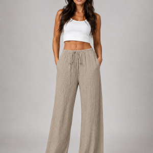 Women's Crinkle Wide Leg Trousers ?C Drawstring Waist - Image 3