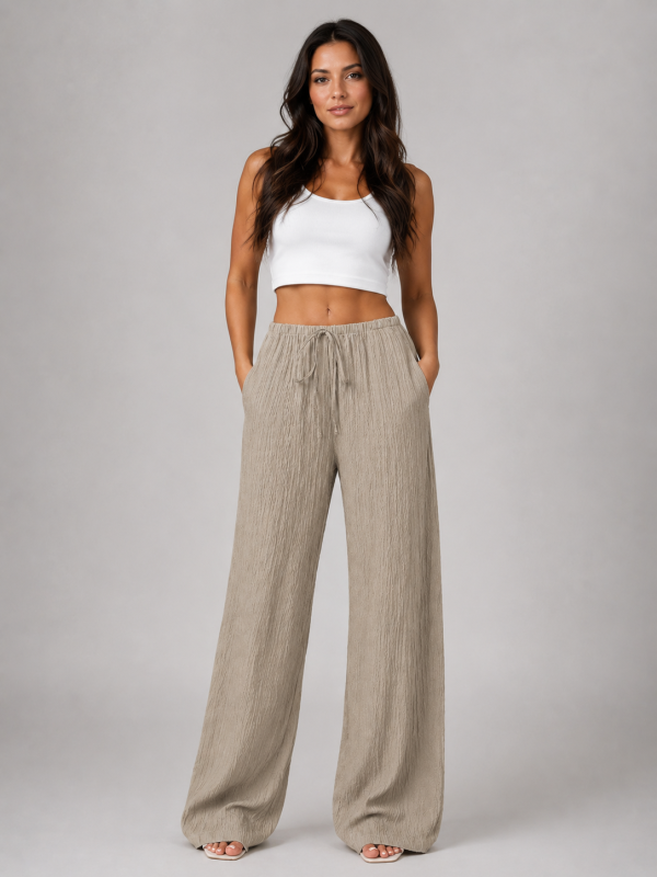 Women's Crinkle Wide Leg Trousers ?C Drawstring Waist