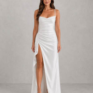 Women's Draped Satin Feel Maxi Dress ?C Ruched Waist Evening Gown