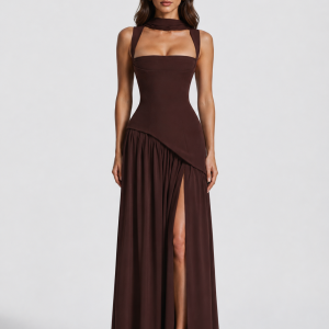 Women's Draped Satin Feel Maxi Dress ?C Sculpted Elegant Silhouette