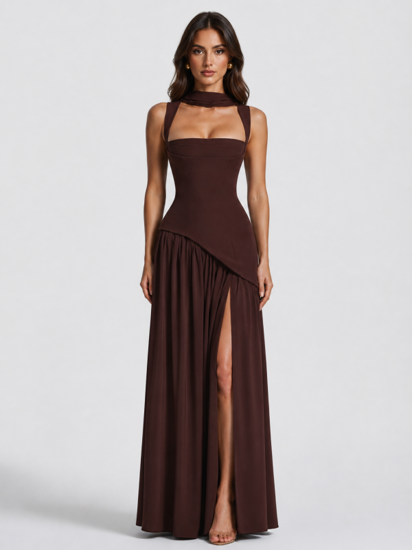 Women's Draped Satin Feel Maxi Dress ?C Sculpted Elegant Silhouette